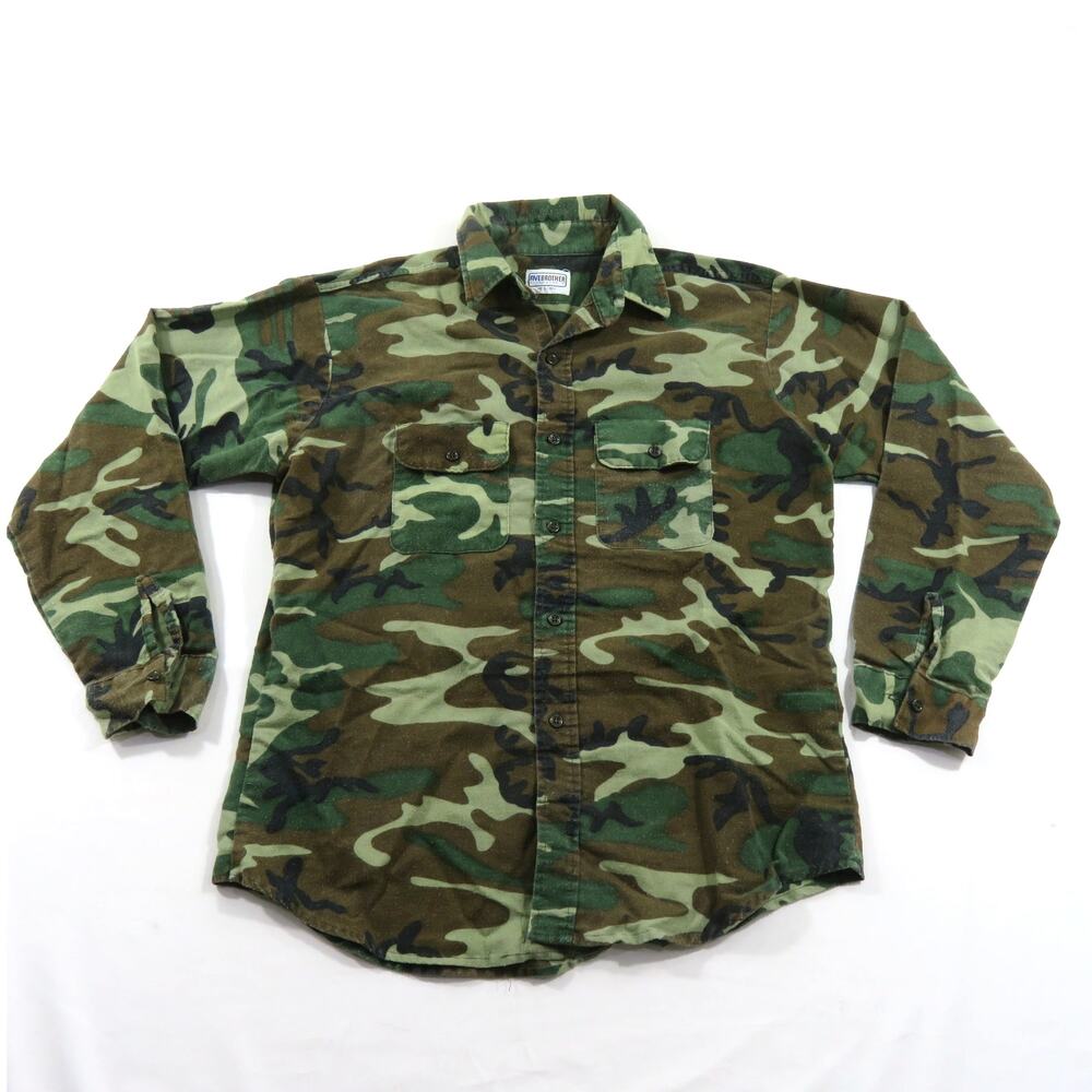 90s Five Brother Woodland Camo Button Down Flannel Shirt Sz 16.5 L Green